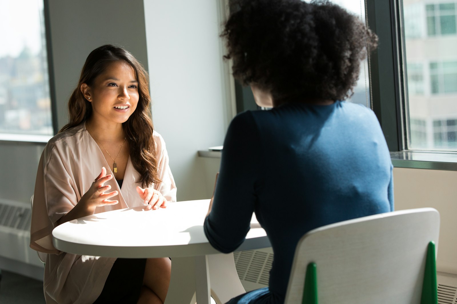Two professionals in a one-on-one discussion